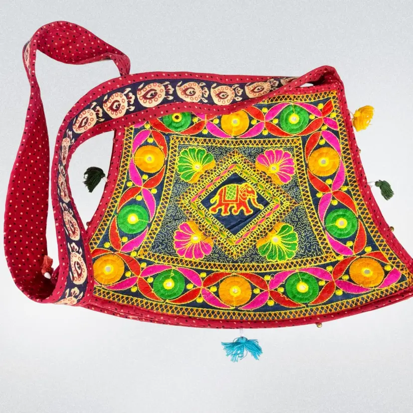 Global Boho Textile Multicolored Contrast Print Handbag with Elephant and Tassels