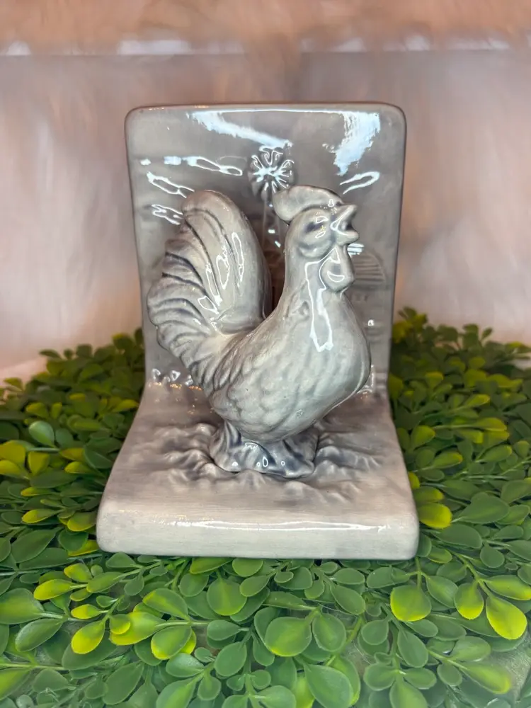 Vintage Ceramic Gray Rooster Bookend