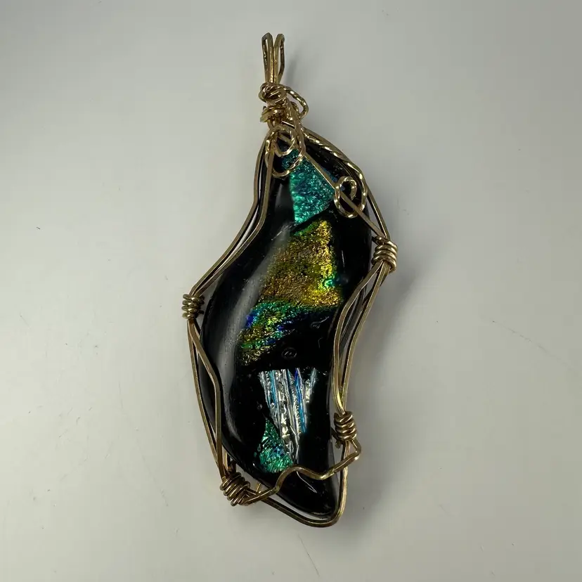 Dichroic Glass In Gold Wire Wrap Pendant 3”