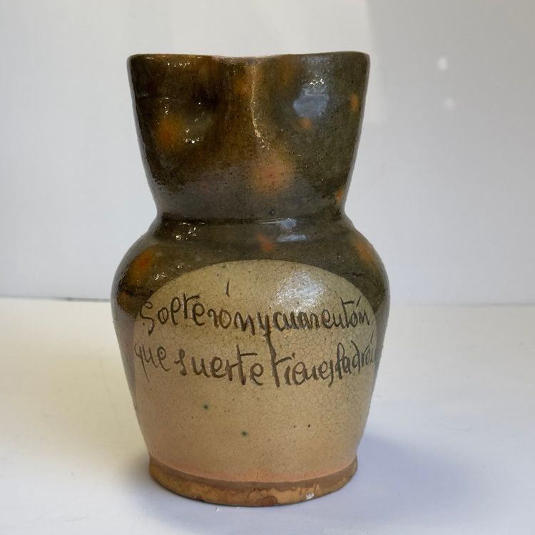 #1481 Hand Made Spanish Pottery Jug Pitcher In Green And Yellow Terracotta Stoneware Rustic Glaze Hand Thrown “Single And Happy How Lucky She Is Translation