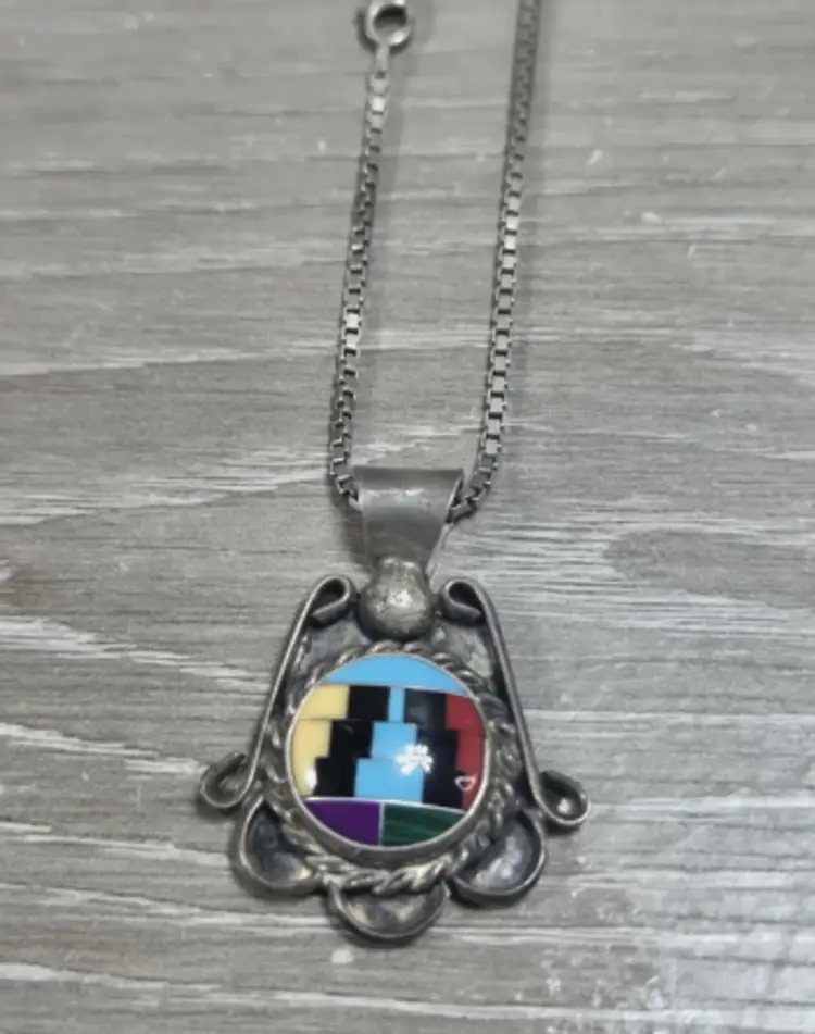 Sterling Silver 925 Willie Shaw WS Zuni Inlay Stone Pendant Necklace
