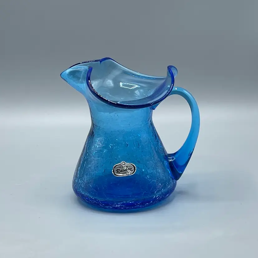 Vintage Rainbow Glass Blue Crackle Pitcher With Original Label