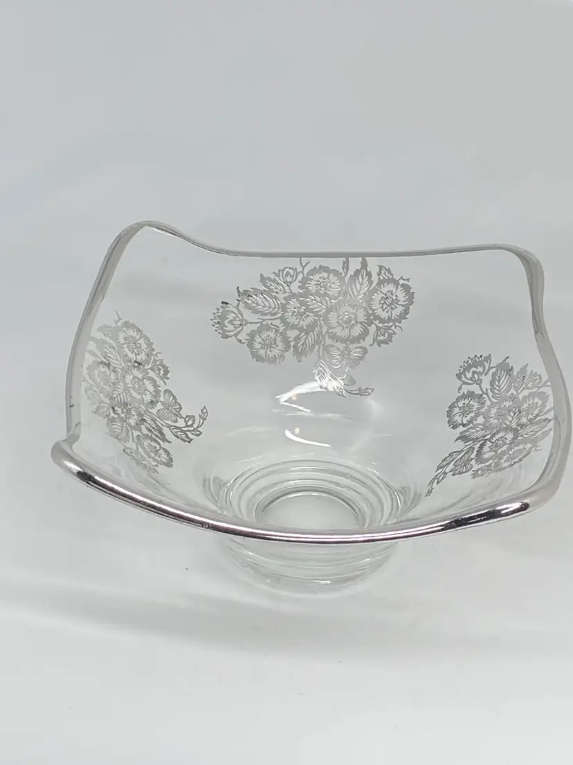 Vintage Crystal Bowl w/ Silver Inlay Flowers & Trim