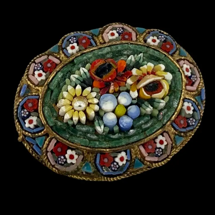 Floral Raised Tile Micro Mosaic Brooch 3D Flowers 1 1/2" Italy