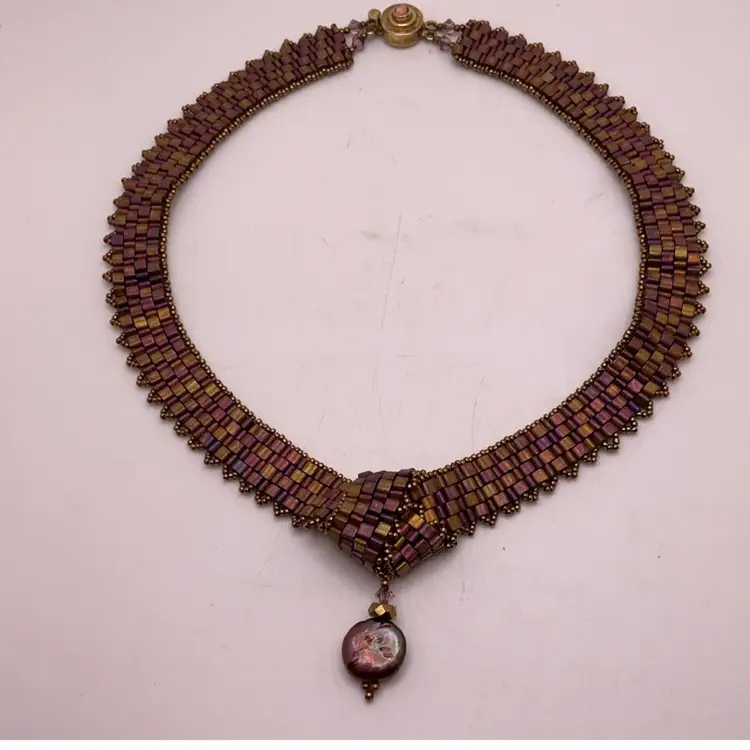 Woven Bead Collar Choker Necklace with Pearl Pendant and Sterling Box Clasp Artisan Made 14”