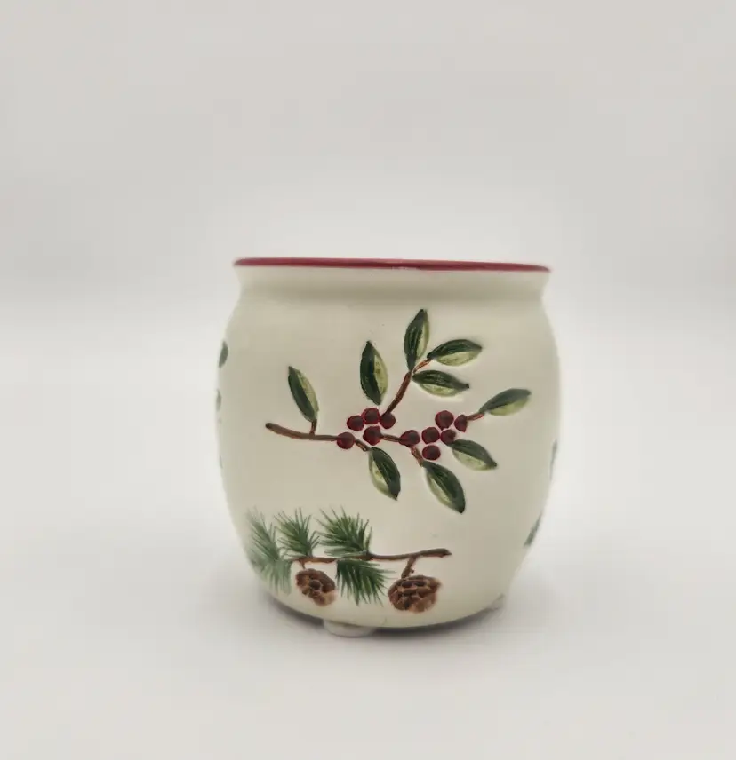 Holiday Votive/Tea Light Holder Mistletoe Holly Pine Cones Festive Foliage