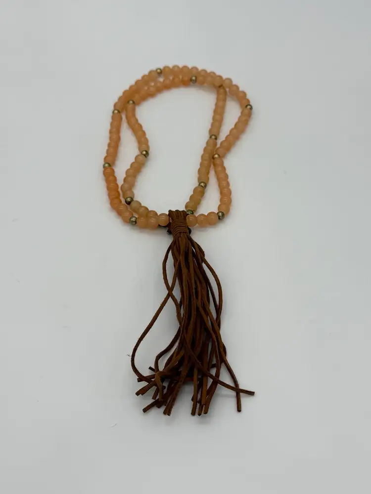Peach Polished Moonstone Mala Bead Necklace With Brass Beads Leather Tassels Vtg