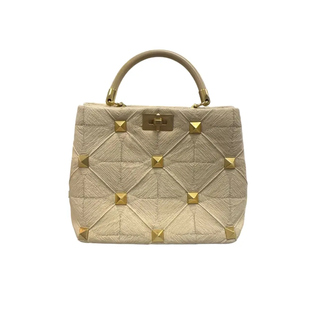 Valentino Beige Raffia Roman Rock Stud Top Handle