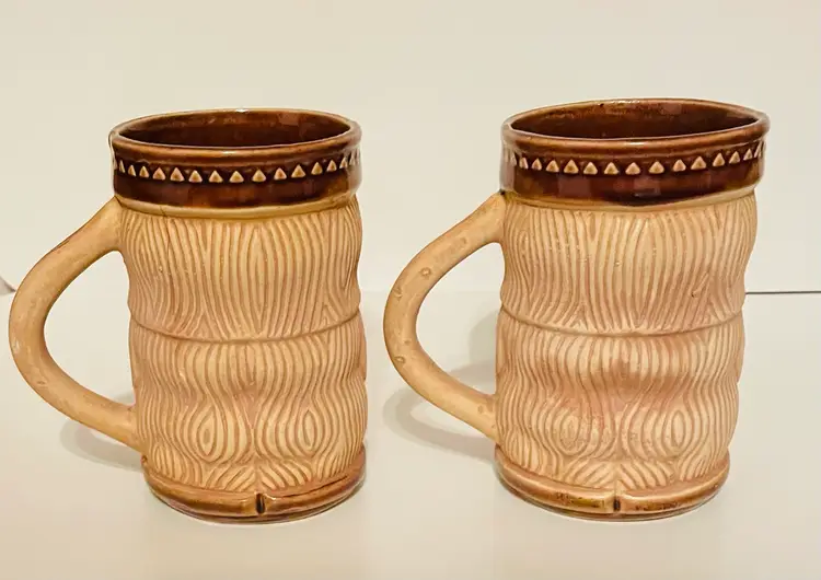 2 Paul Marshall Tiki Coffee Mugs Brown And Tan Hawaiian Style