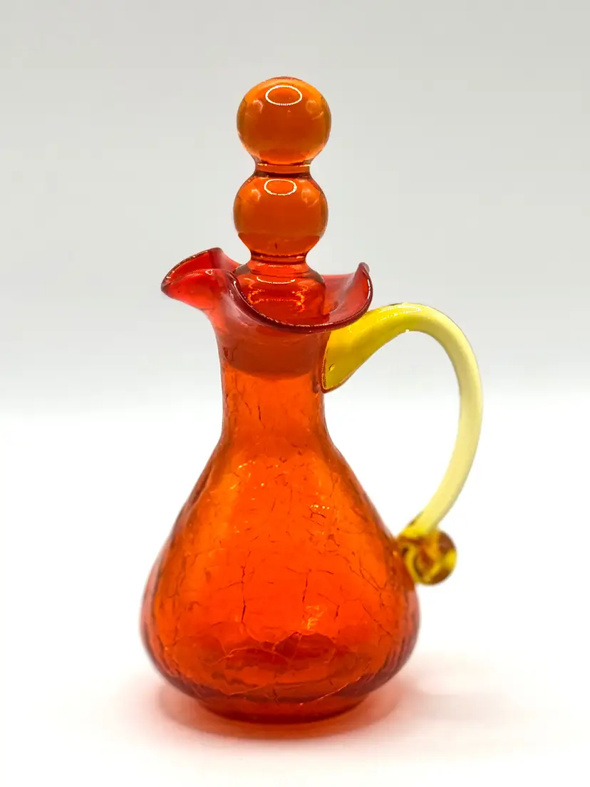 Vintage MCM Amberina Crackle Glass Ruffled Edge Cruet Bottle With A Double Bubble Stopper Yellow Handle Hand Blown Glows, Unbranded