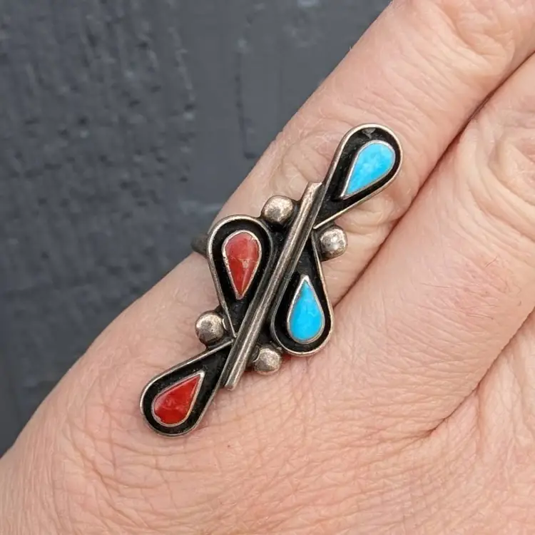 Vintage Signed Native Turquoise and Coral Long Sterling Silver Ring Size 4.5