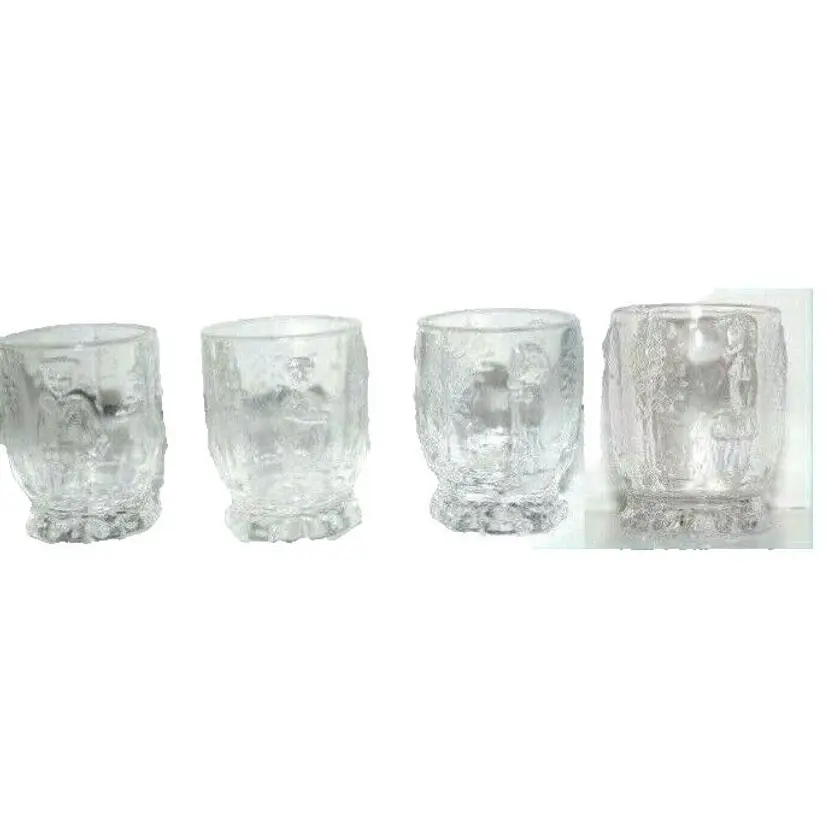 EAPG, RARE Set of 4 Clear Novelty, NURSERY RHYME Child Sized Toy Glass Tumblers, By US Glass, c1900