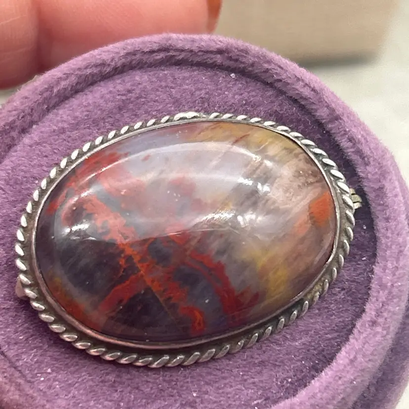 Vintage Sterling Silver Picture Jasper Oval Brooch Large Polished Stone Statement Pin