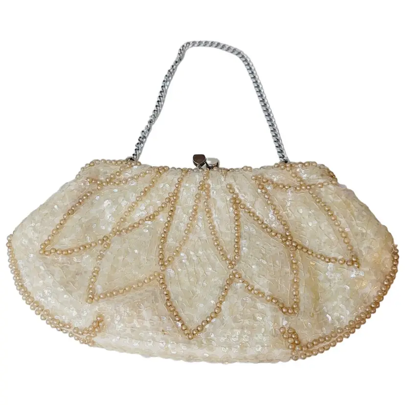 Vtg White Gold Beaded La Regale Elegant Evening Bridal Costume Purse Clutch Bag