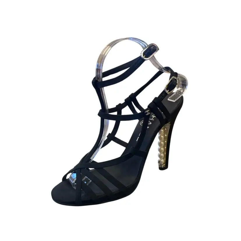 Chanel Black Grosgrain Pearl Studded Heel SZ 38.5