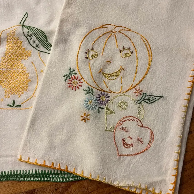 Set Of 3 Hand Embroidered Dish Towels New Old Stock 34” Square