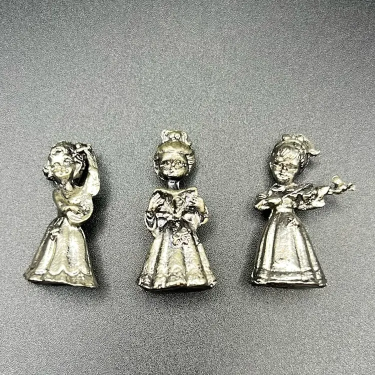 Vintage Miniature Pewter Girl Band Trio Set Violin Mandolin And Songbook