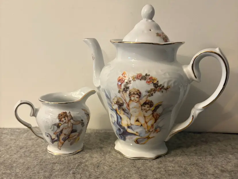 Vintage Trisa Porcelain/Ceramic Teapot w/Angels 8" w/Matching Creamer  # 2991
