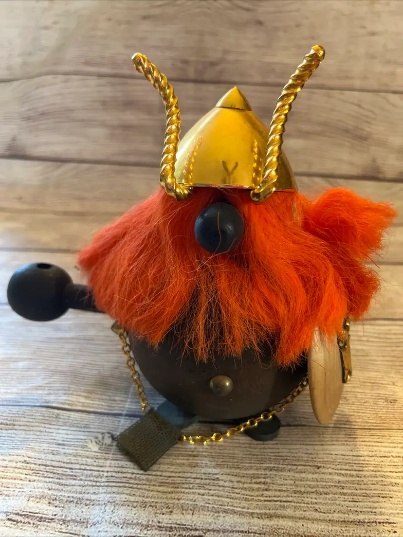 Mid Century Modern Wood And Orange Fur Viking Figure Denmark 8.5x8”