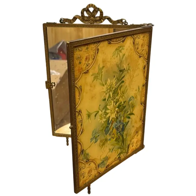Antique Bi-fold Standing Or Hanging Mirror  - Brass & Floral - Early 1900s