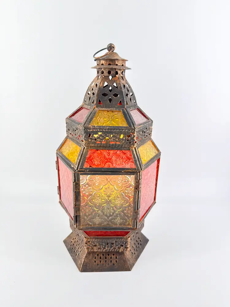 Moroccan Ramadan Hanging Lantern 17" Brass Flash Coated Stained Glass Panels Red Yellow