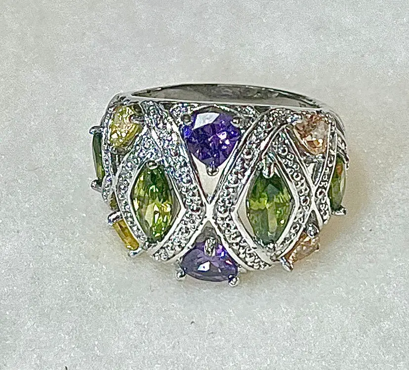 Multicolor Gems Silver Tone Cocktail Ring Size 7.5 Costume