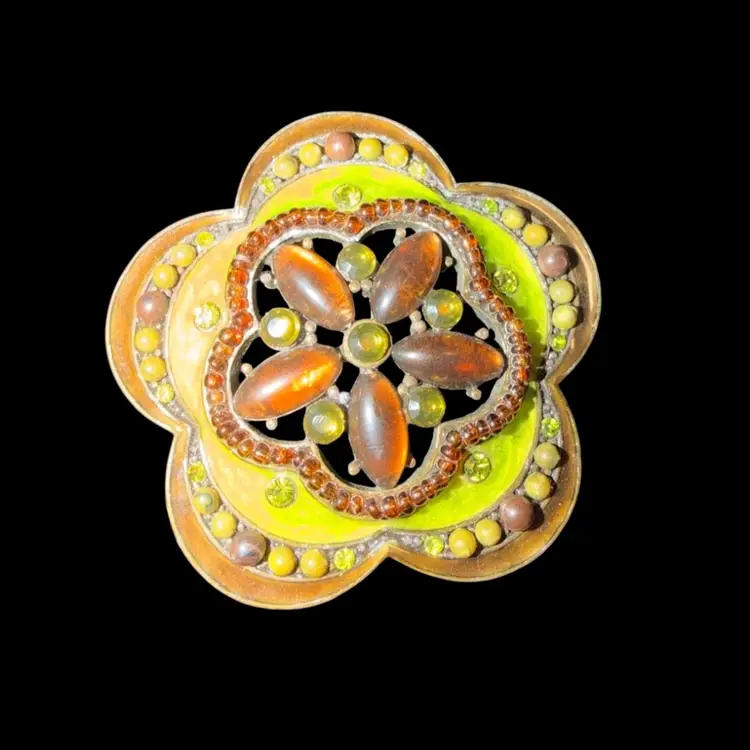 MCM Green Enamel Amber Rhinestones Pin Brooch