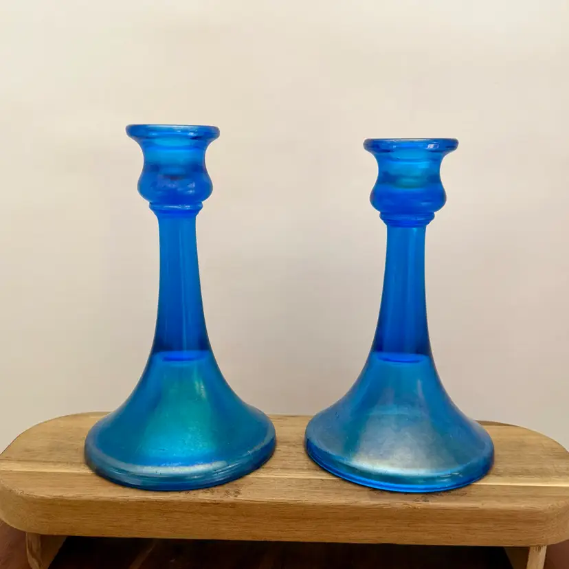 Antique Northwood Iridescent Blue Stretch Glass Candlestick Holders Set of 2