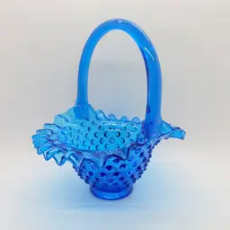 Vintage Fenton 7" Colonial Blue Hobnail Glass Basket Ruffled Edge 1970s