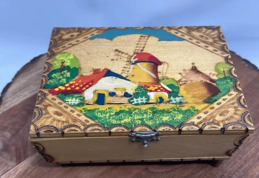 Vintage Netherlands Folk Art Wood Trinket Music Box Hand Painted Pyrography