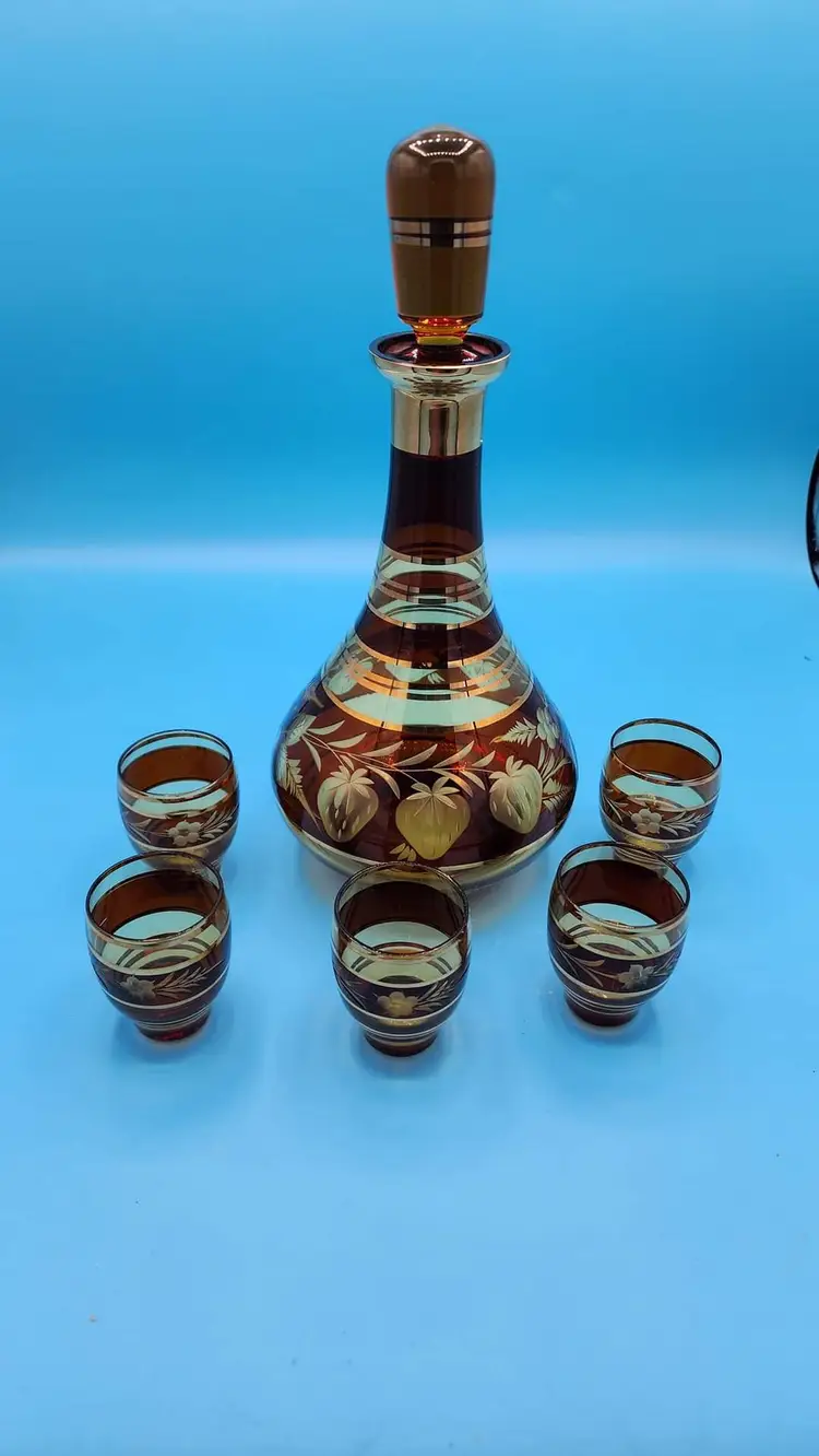 Etched Glass Vintage Decanter And Cup Set