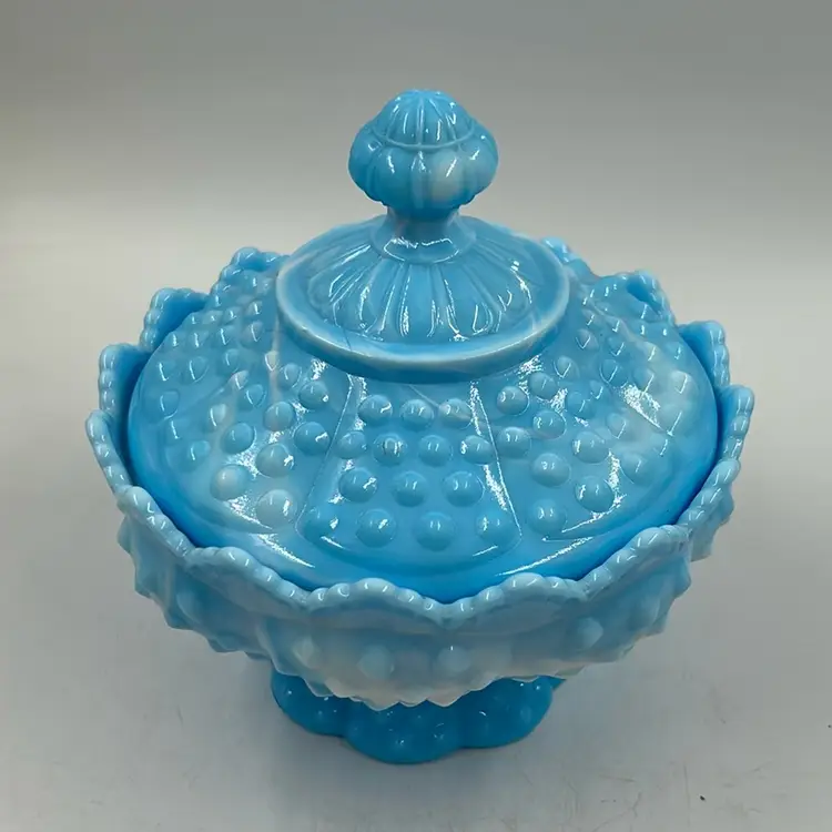 Vintage Fenton Blue Slag Milk Glass Hobnail Design Covered Candy Dish.