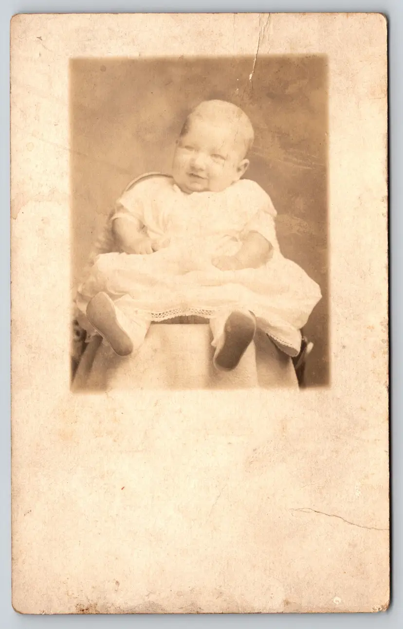 Postcard RPPC Happy 3 Old Month Baby in White Dress Sitting Real Photo Vignette - 8756