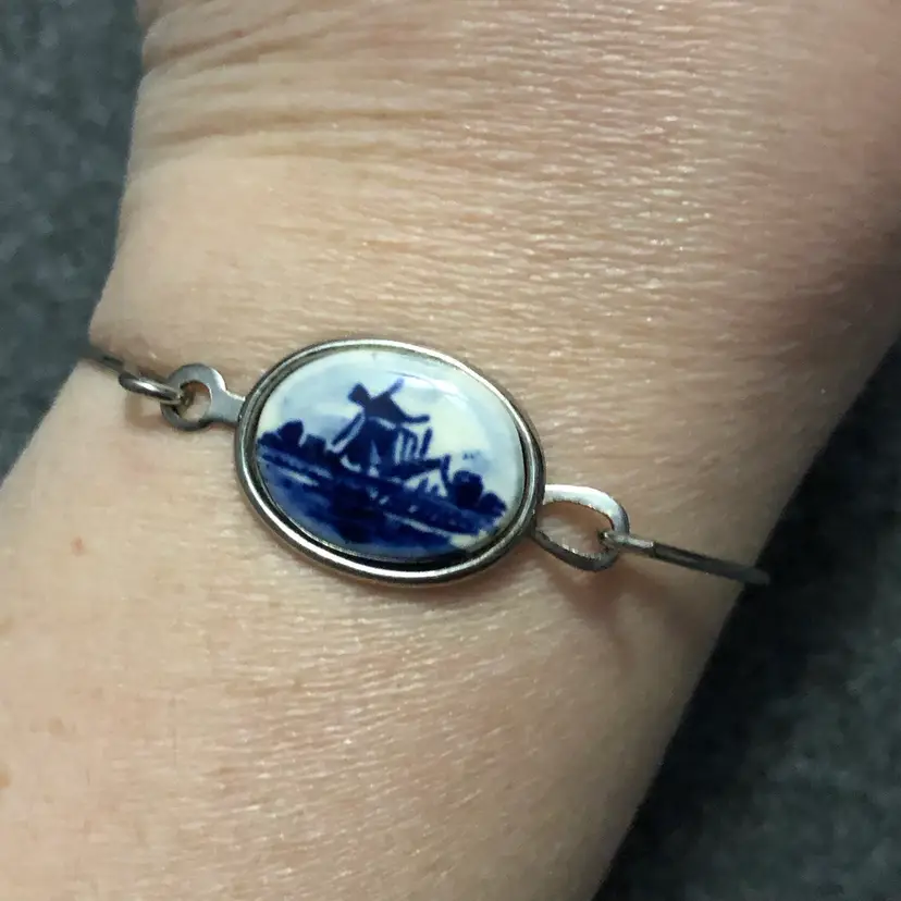 Vintage Delft Silver-Tone Porcelain Painted Windmill Bangle Bracelet