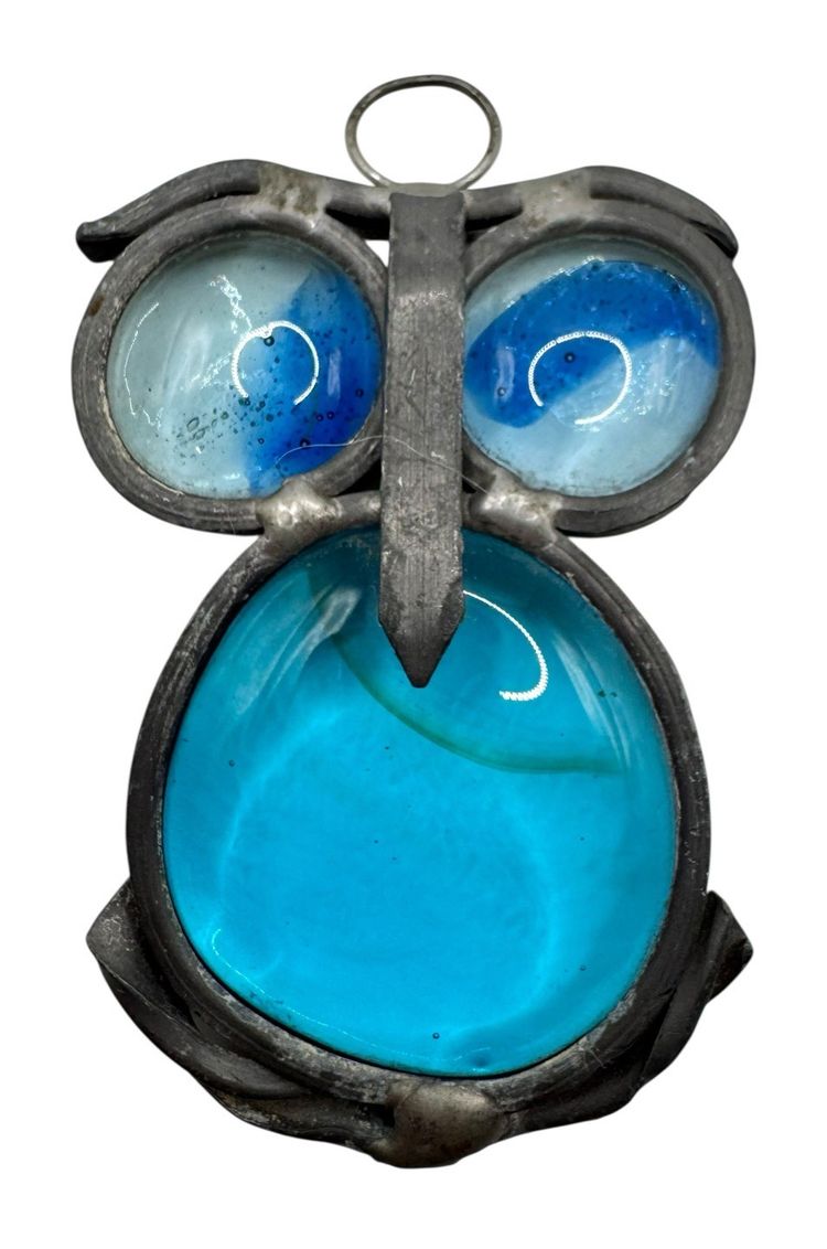 Vintage Stained Glass Art Suncatcher Wall Window Hanging Owl Bird Blue Metal 3”