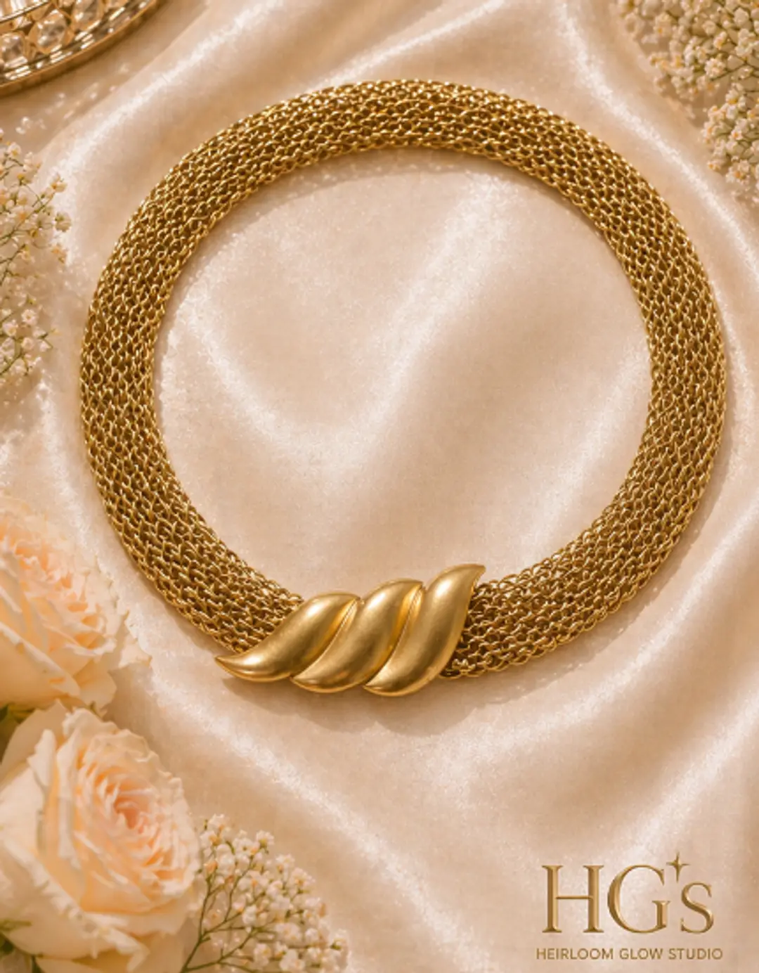 💎Signed Averil Gold Mesh Collar Necklace Leaf Clasp Statement Luxury Piece