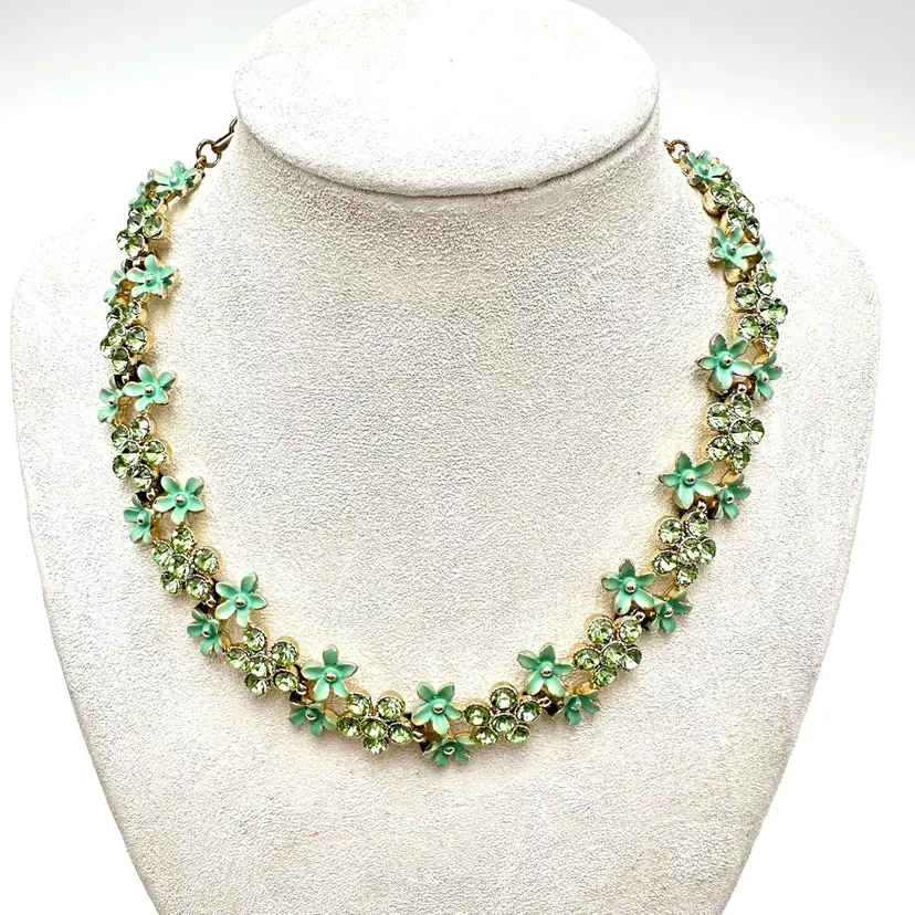 Green Floral Rhinestone Enamel Gold Tone Necklace 15” Bridgerton Inspired Jewelry