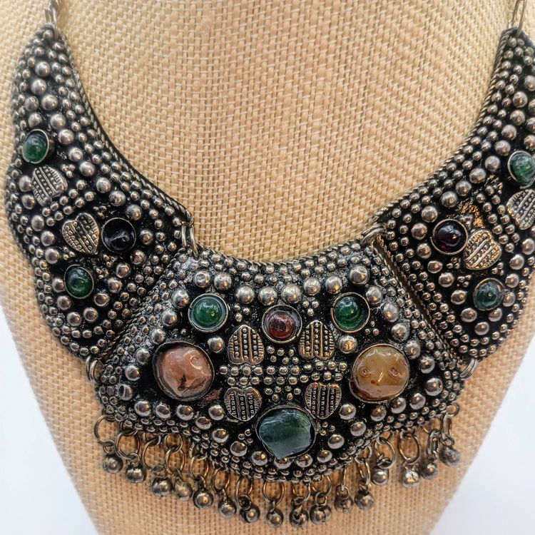 Vintage Turkish semi-precious stone silver plate collar necklace