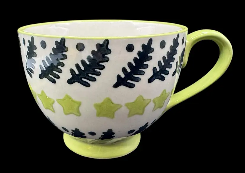 Eliza Todd Designs Ceramic Coffee Mug Cup Green Black Stamped Star Branch 12oz