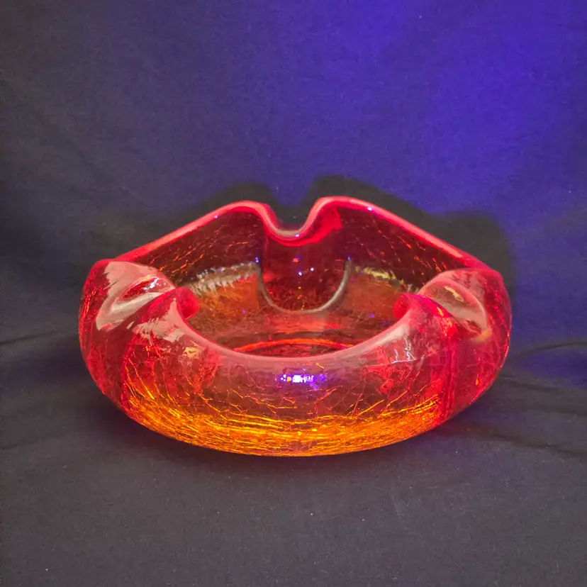 Mid-Century Modern Art Crackle Glass Orange Amberina Cigar Ashtray Slight Cadmium Glow Vintage