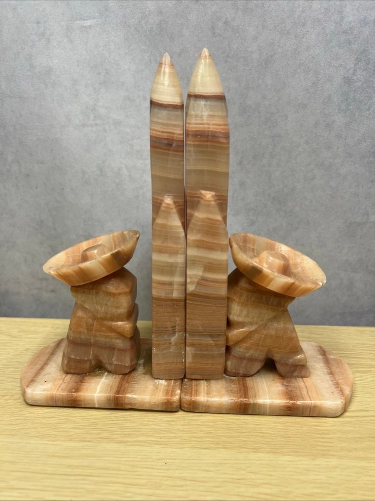 Vintage Onyx Bookends Set of 2 Carved Stone Mexican Sombrero Siesta Cactus 8”