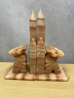 Vintage Onyx Bookends Set of 2 Carved Stone Mexican Sombrero Siesta Cactus 8”