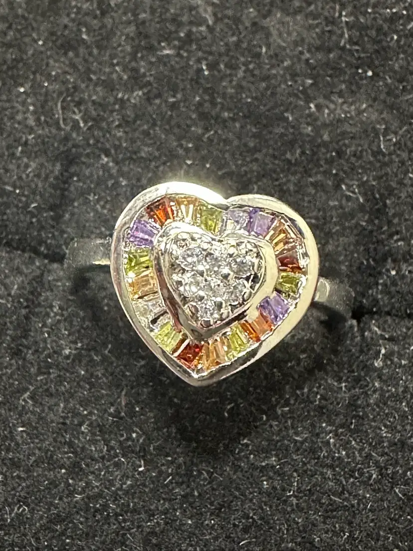 Sterling Silver 925 Mulit-Color Crystal/Rhinestone Heart Ring Sz 8
