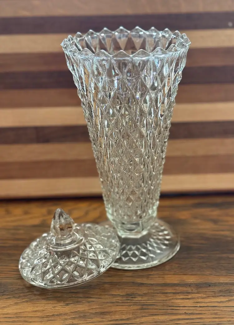 Vintage Pressed Glass Lidded Candy Dish – Diamond Point Pedestal Jar, 10” Tall