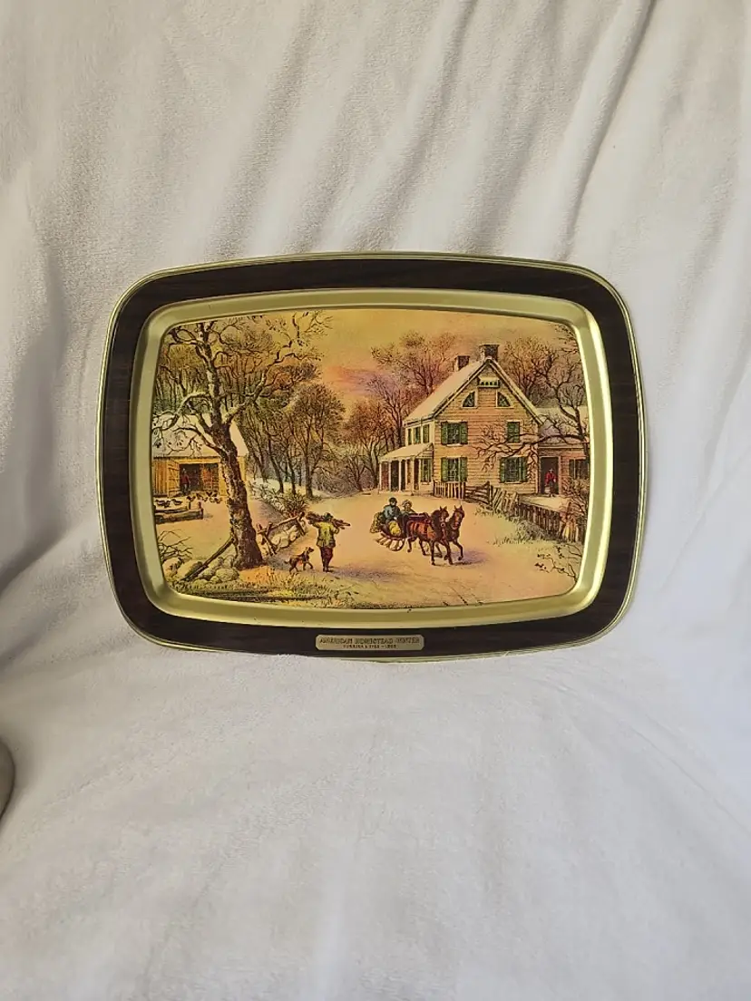 Vintage Currier & Ives “American Homestead Winter” Metal Serving Tray –  1868 ArtworkScene