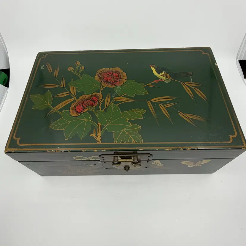 Vintage Green Handpainted Wood Hinged Box Brass Hardware Bird Floral Fruits Butterflies