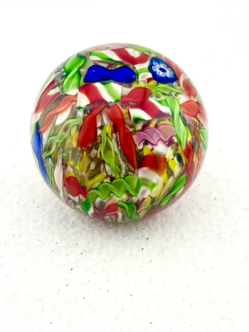 Vintage Christmas Scramble Paperweight With Millefiori 2.5” Tall x 2.75” Wide