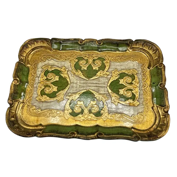 Midcentury Florentine Wooden Tray Green Gold 7.5x10.5”