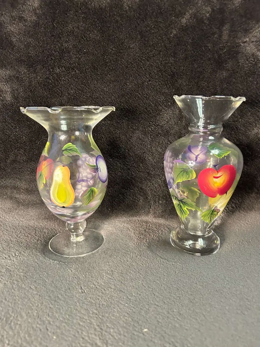 Pair Of Tracy Porter Fruit Hand Painted Glass Bud Vases