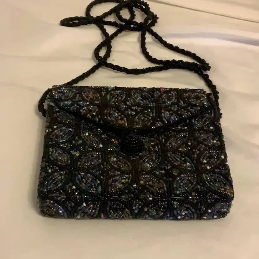 43. Beautiful 5” By 5” Beaded Purse Crossbody Shoulder Bag Evening Bag With 49” Beaded Strap With Velvet Lining